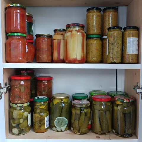 Домашние заготовки: огурцы маринованные, кабачки, соус релиш